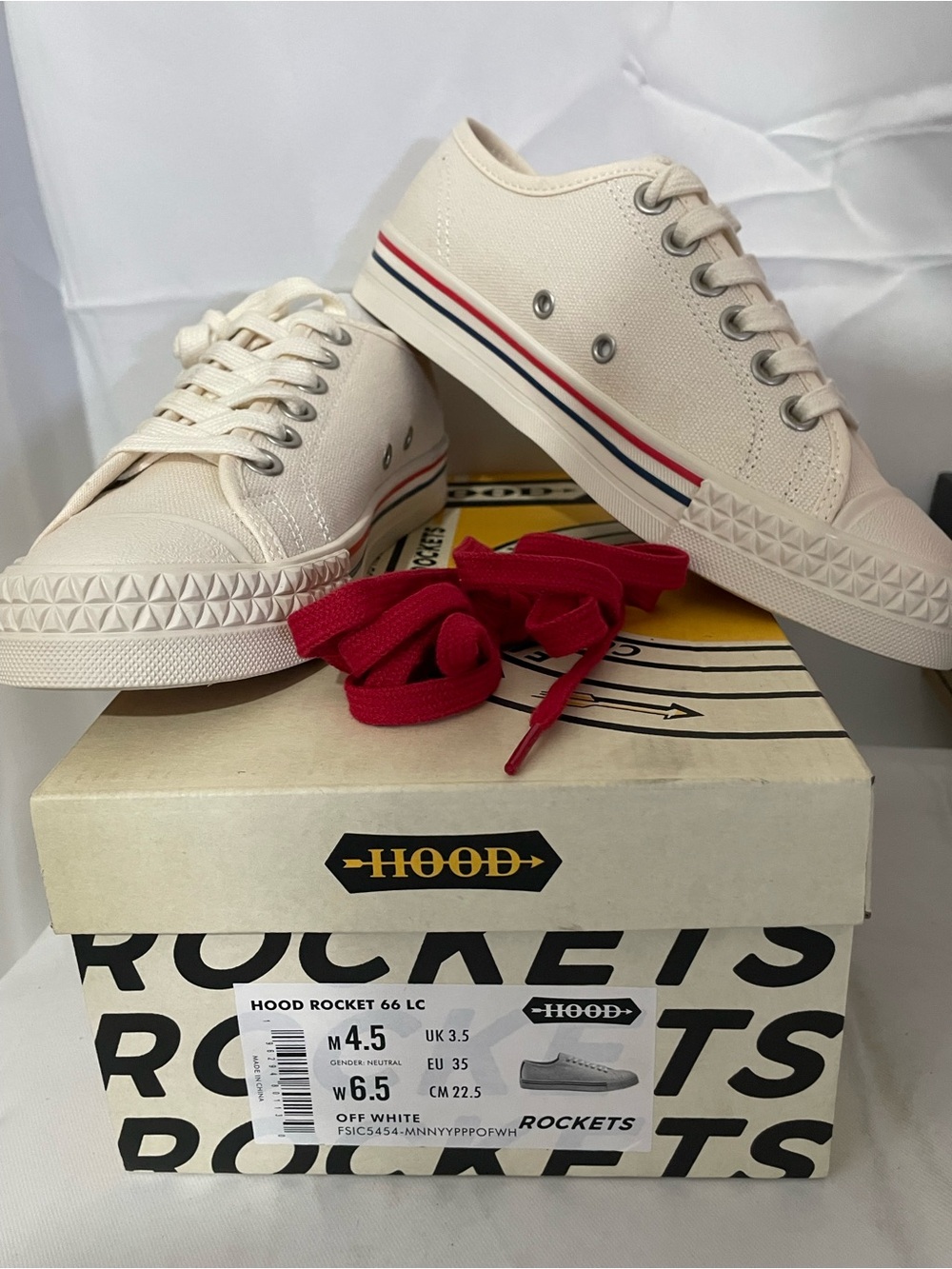 Rocket Off-White Canvas Low-Top Sneakers with Red & Navy Stripe